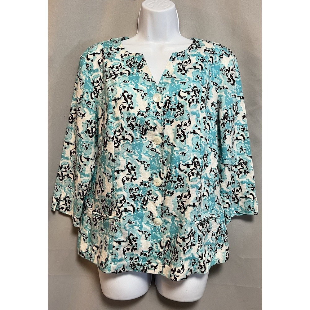 Choices Blazer Floral Blue Women's Sz Small 100% Linen  Beach‎
